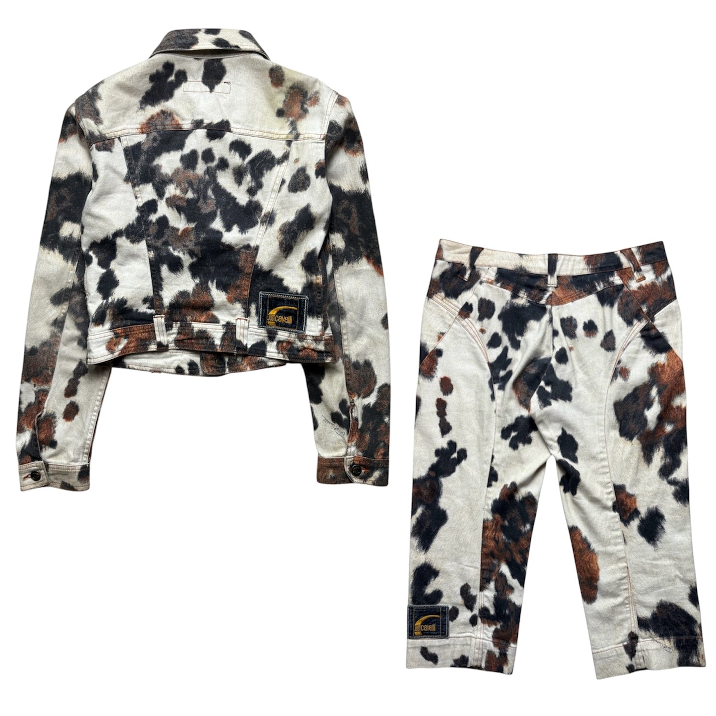 Roberto Cavalli Cow Print Trucker Jacket & Capris Set